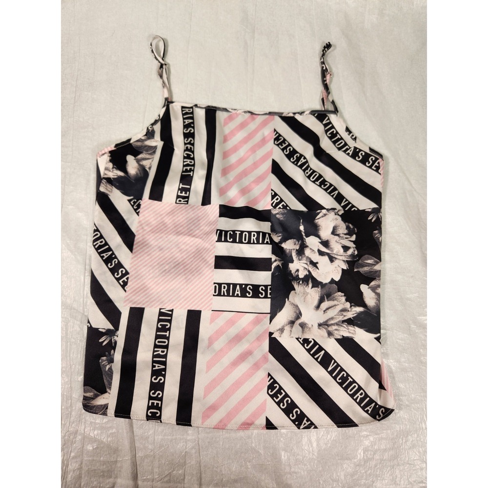 Victoria Secret Camisole XS Tank Top Floral Logo Pink Black White Satin Y2K
